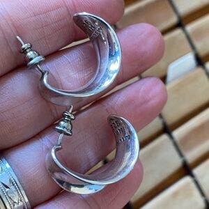 Mexico Sterling Curved Silver Pierced Earrings Signed MWS